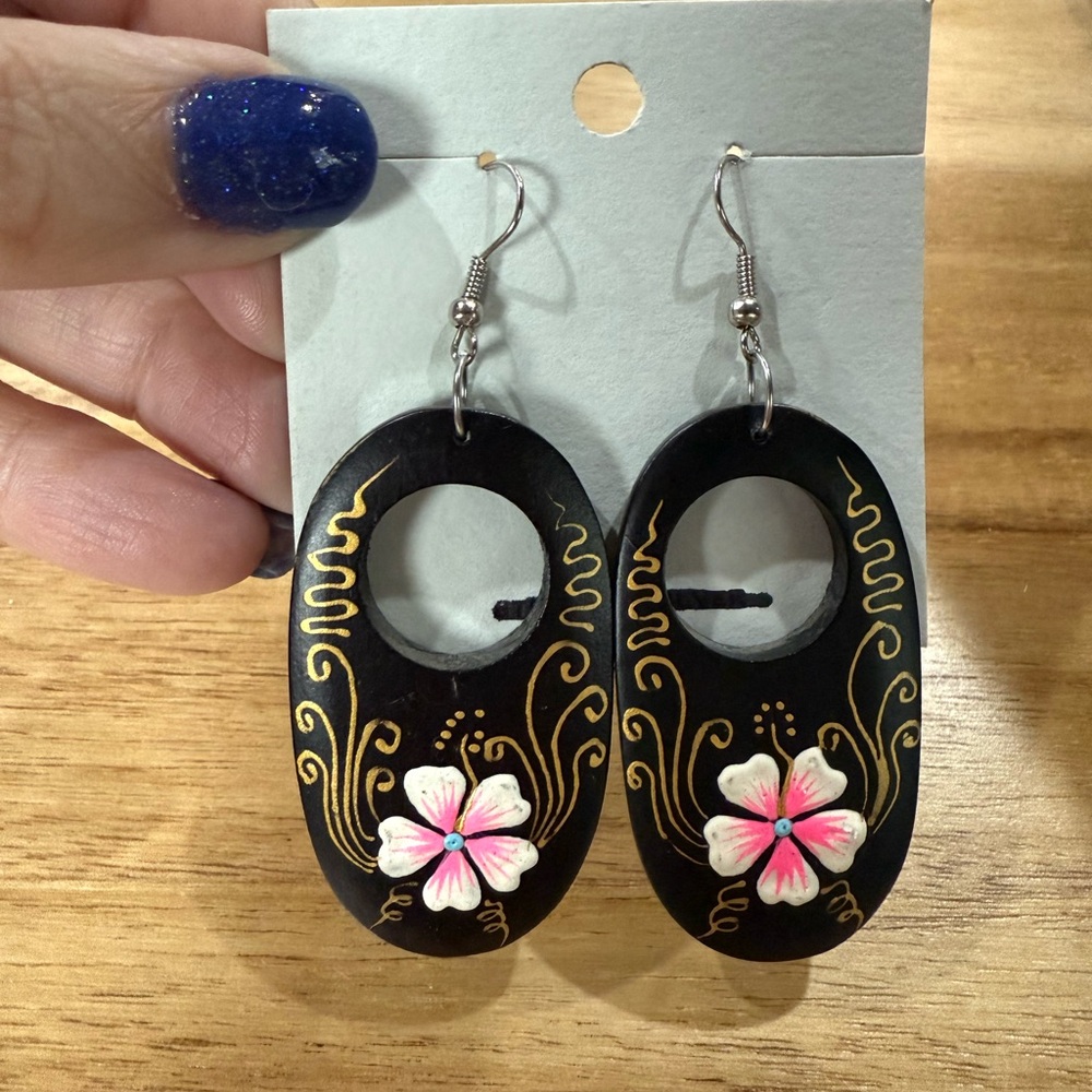 Floral Black and Gold Wooden Earrings NEW